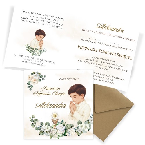 Zaproszenia Personalizowane na Komunię Białe Róże Chłopiec Eko Koperta S14K_02_ZE1 komplet