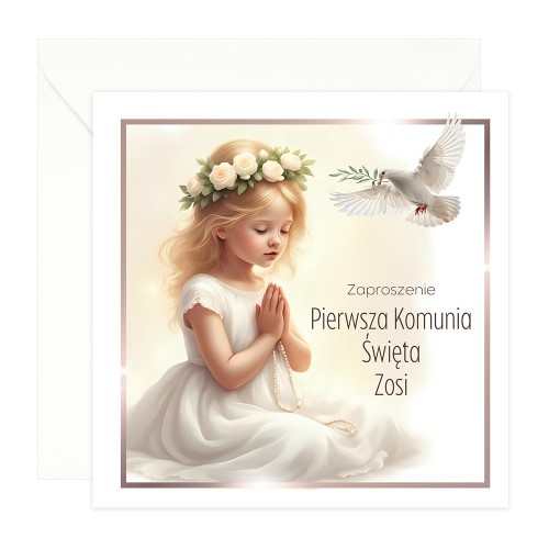 Zaproszenia Personalizowane na Komunię Dziewczynka i gołąb S14K_03