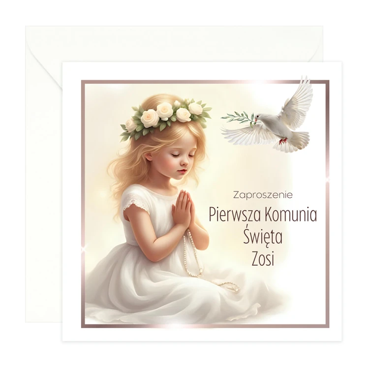 Zaproszenia Personalizowane na Komunię Dziewczynka i gołąb S14K_03