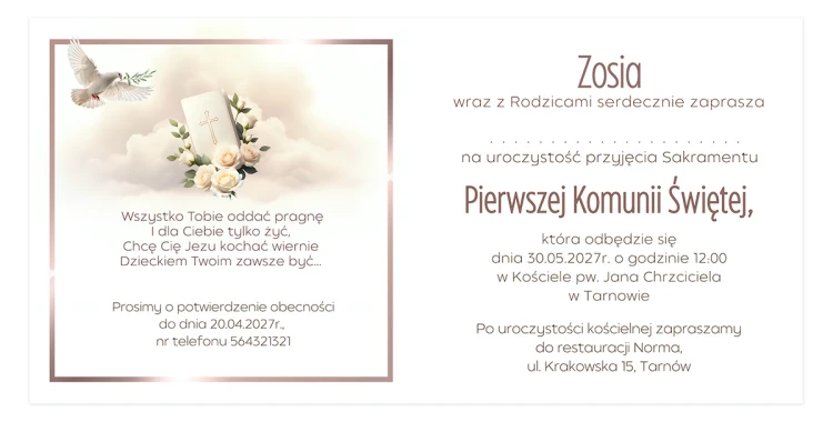 Zaproszenia Personalizowane na Komunię Dziewczynka i gołąb Eko Koperta S14K_03 środek