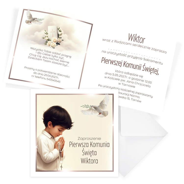 Zaproszenia Personalizowane na Komunię Chłopczyk i gołąb S14K_04 komplet