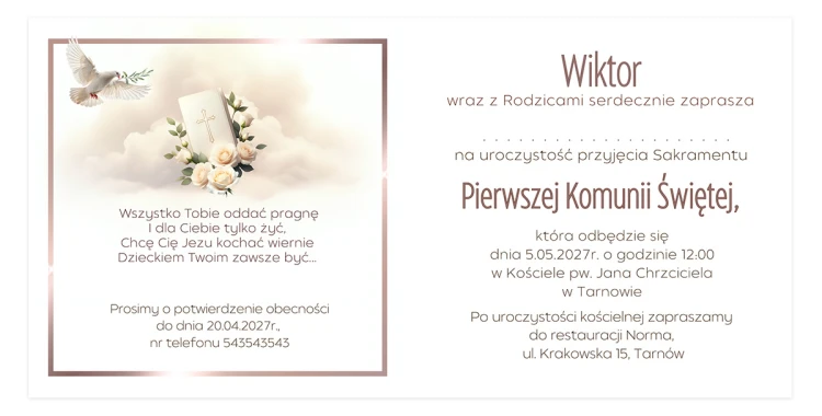 Zaproszenia Personalizowane na Komunię Chłopczyk i gołąb Eko Koperta S14K_04 przód środek