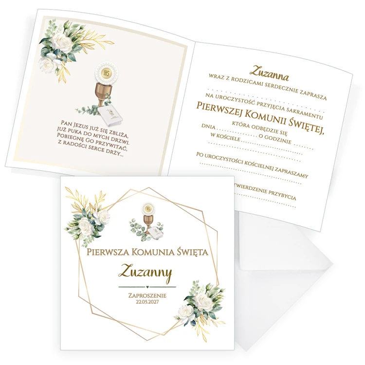 Zaproszenia Personalizowane na Komunię Geometryczne Kwiaty S14K_11 komplet