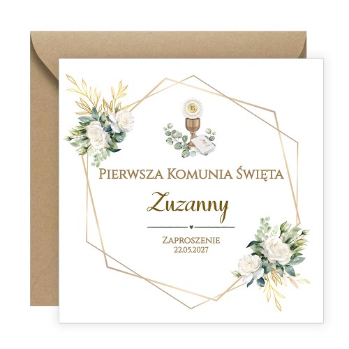 Zaproszenia Personalizowane na Komunię Geometryczne Kwiaty Eko Koperta S14K_11_ZE1