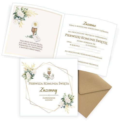 Zaproszenia Personalizowane na Komunię Geometryczne Kwiaty Eko Koperta S14K_11_ZE1 komplet