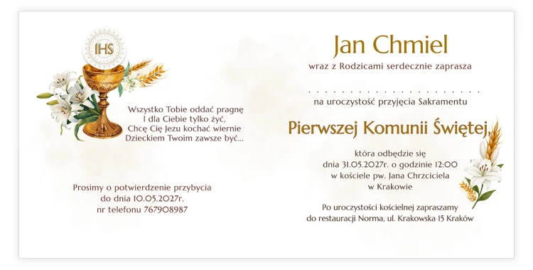 Zaproszenia Personalizowane na Komunię IHS S14K_12 środek
