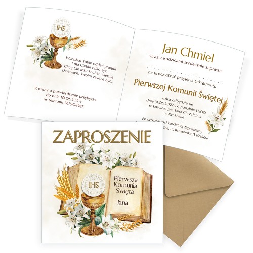 Zaproszenia Personalizowane na Komunię IHS Eko Koperta S14K_12 komplet
