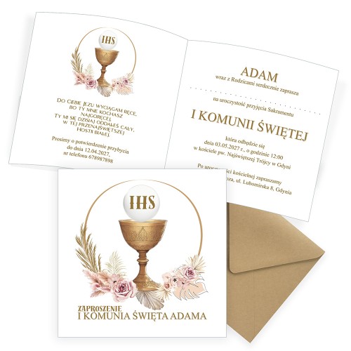 Zaproszenia Personalizowane na Komunię Boho Eko Koperta S14K_13 komplet