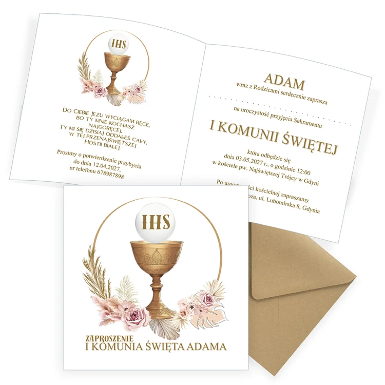 Zaproszenia Personalizowane na Komunię Boho Eko Koperta S14K_13 komplet