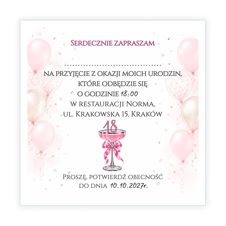 Zaproszenia Personalizowane na 18 Kieliszek J14_07 tył