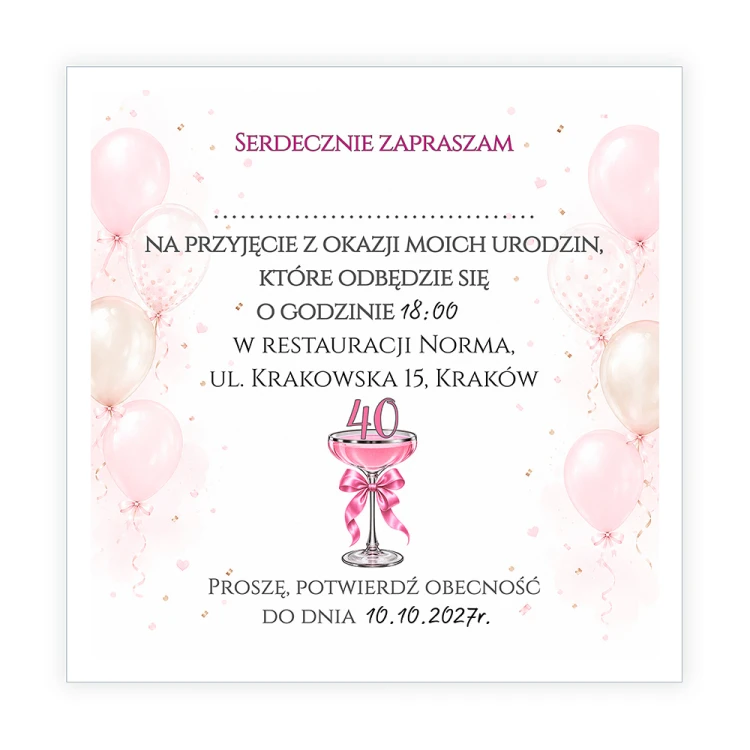 Zaproszenia Personalizowane na 40 Urodziny Kieliszek J14_09 tył