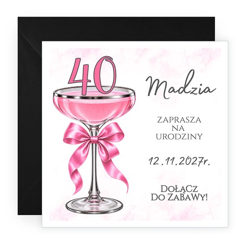 Zaproszenia Personalizowane na 40 Urodziny Kieliszek Czarna Koperta J14_09_ZC1