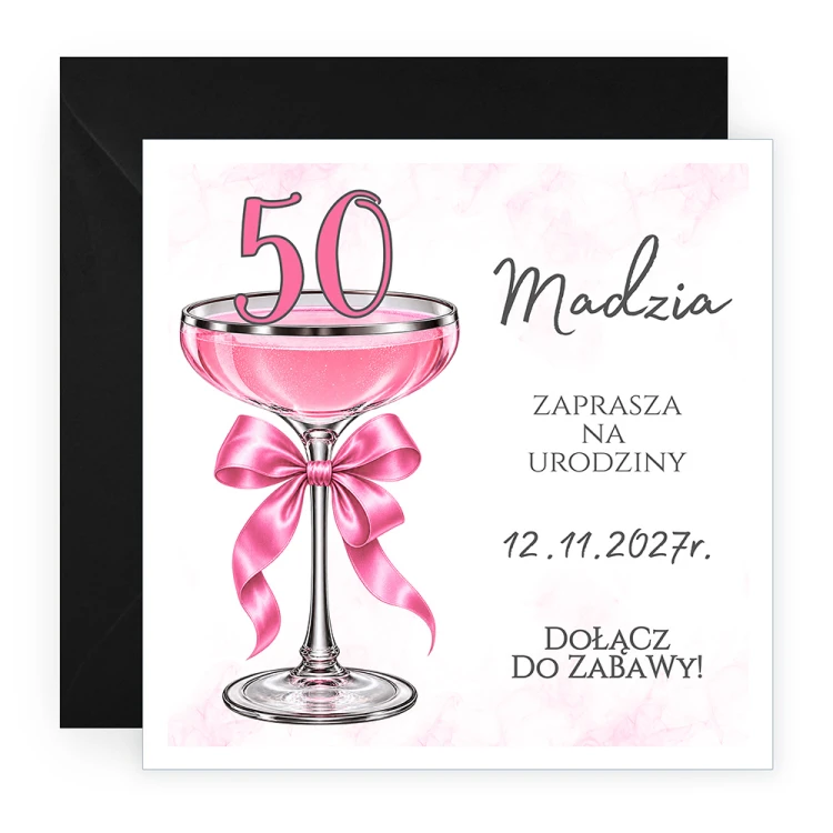 Zaproszenia Personalizowane na 50 Urodziny Kieliszek Czarna Koperta J14_10_ZC1