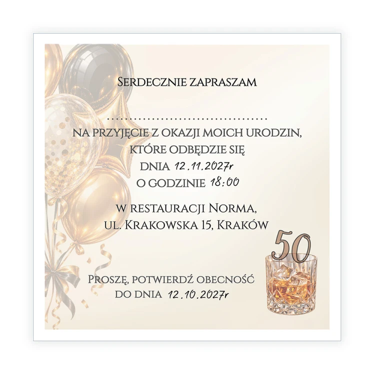 Zaproszenia Personalizowane na 50 Urodziny Powaga J14_13 tył