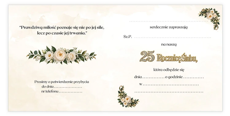 Zaproszenia na 25 Rocznicę Ślubu Kwiaty