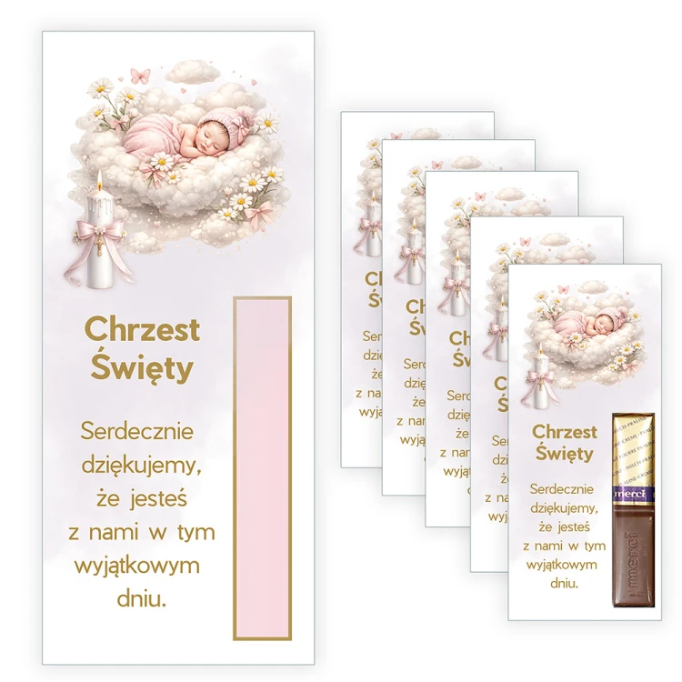 Podziękowania dla gości Merci na Chrzest Kościółek Dziewczynka - 5 sztuk (s)